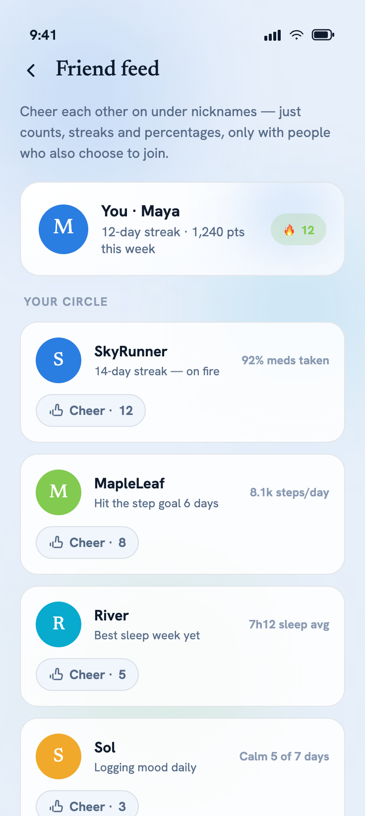Milli app — friendfeed screen