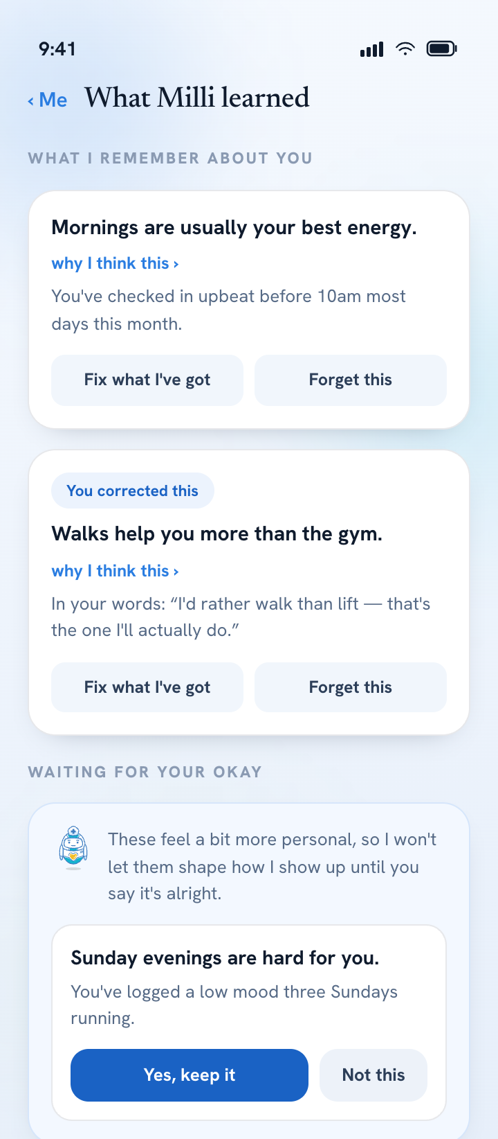 Milli app — what Milli learned screen