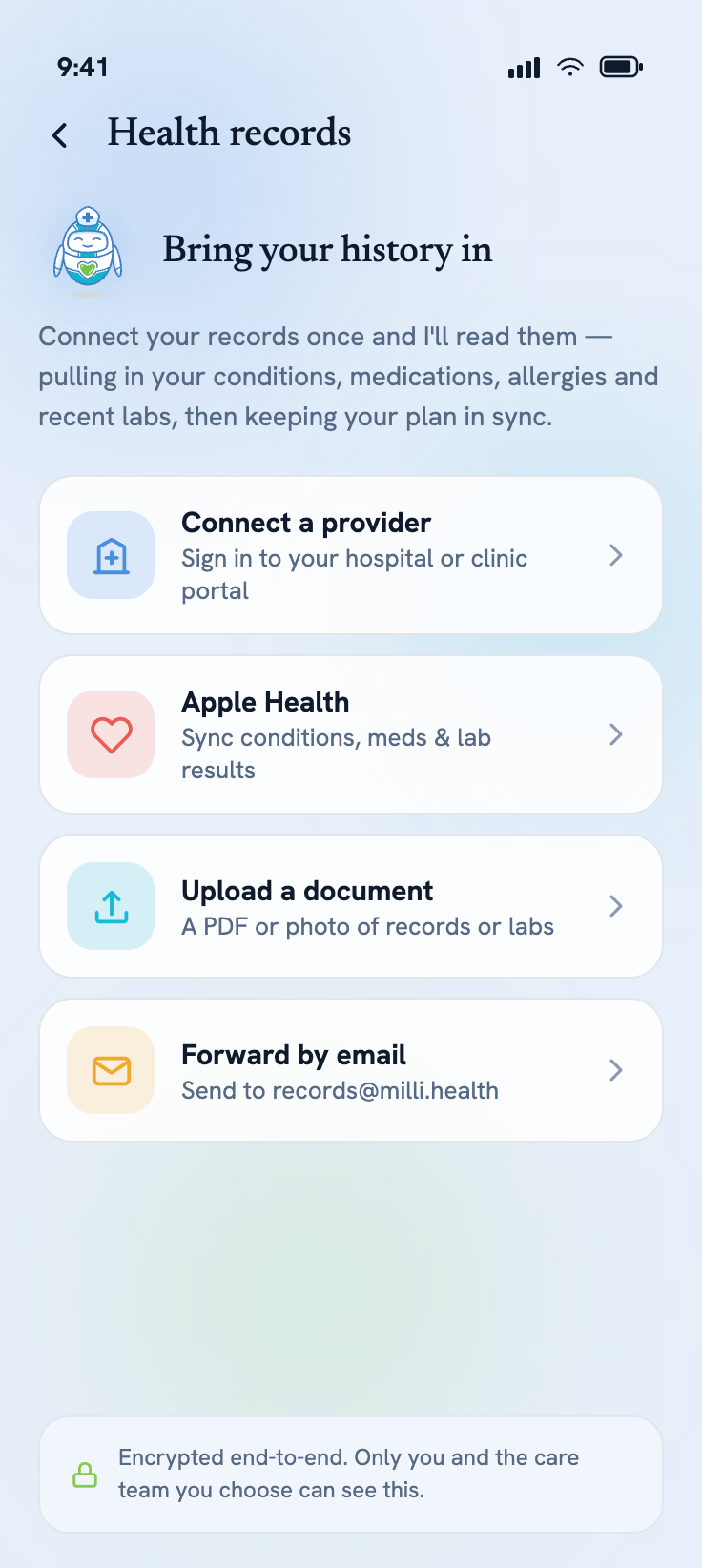 Milli app — records screen